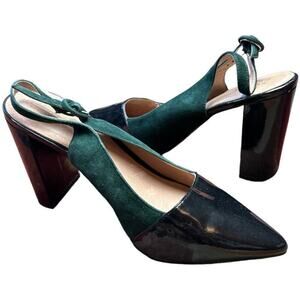 Halogen Atlantic Pacific Green Black Lacquer Slingback Heel Shoes Women's Sz 8.5